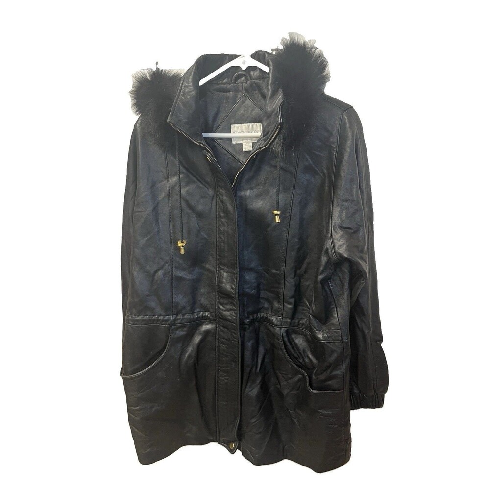 Worthington Leather Jacket Black Gold Accents Women’s L Coat Fur Trimmed Hood
